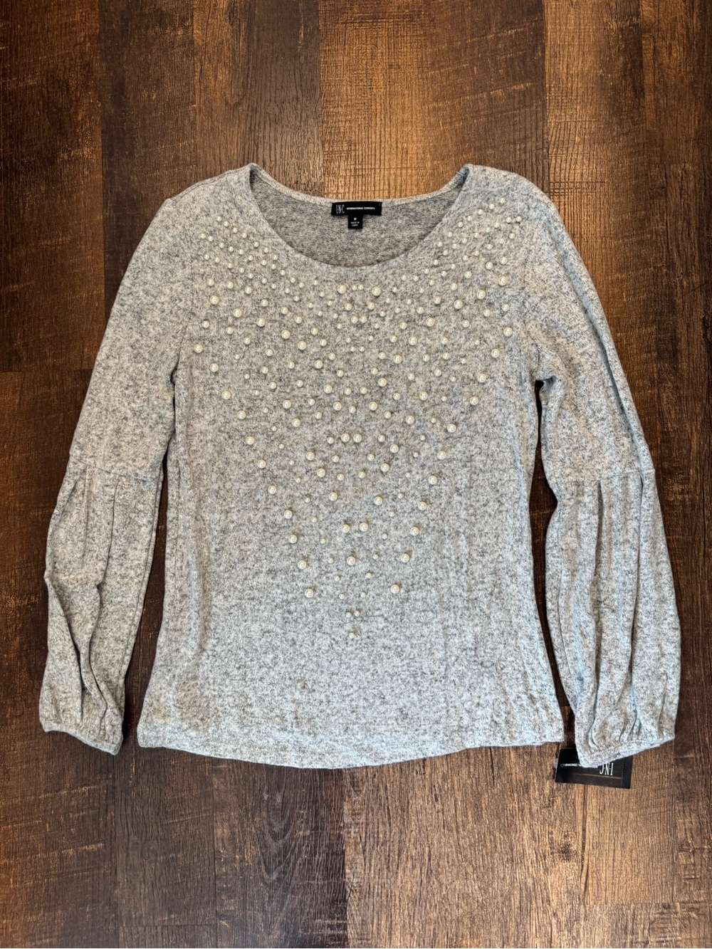 INC International Concepts Gray Crew Neck pearl detail Sweater